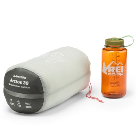 Kammok Arctos 20F Down Trail Quilt Folded view; water bottle not included