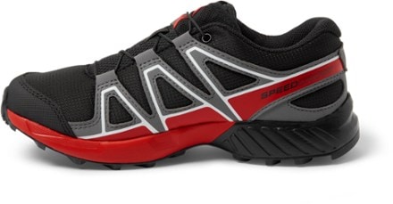Salomon Speedcross Trail-Running Shoes - Kids' Left view (Black/Quiet Shade/High Rsk Red)