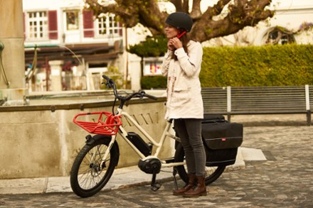 woman standing next to heavy weight cargo electric bike