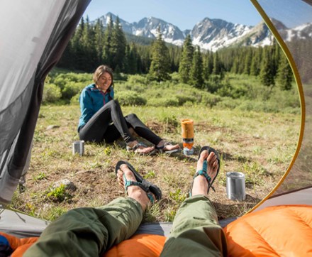 Bedrock adventure sandals on man in camping tent