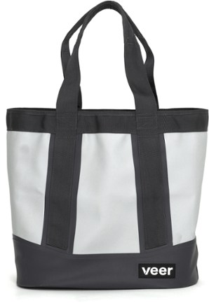 Veer Tote in white with black straps and black edging on top and bottom