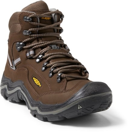 KEEN Durand II Mid Waterproof Hiking Boots - Men's 3/4 front view (Cascade Brown/Gargoyle)