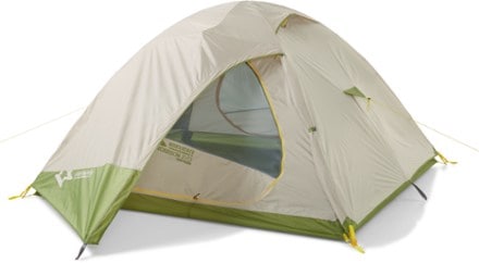 Mountainsmith Morrison EVO 4 Tent with Footprint 3/4 front view with rainfly (Cactus Green)