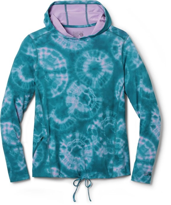 Teal and light purple tied dyed long-sleeve sun shirt with hood. The hood has light purple fabric lining the inside. There is a drawstring at the waist tied in a bow.