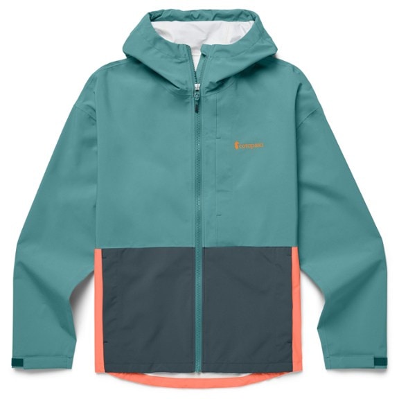 Cotopaxi Cielo jacket in teal with orange accents, designed for outdoor adventures and hiking in any weather