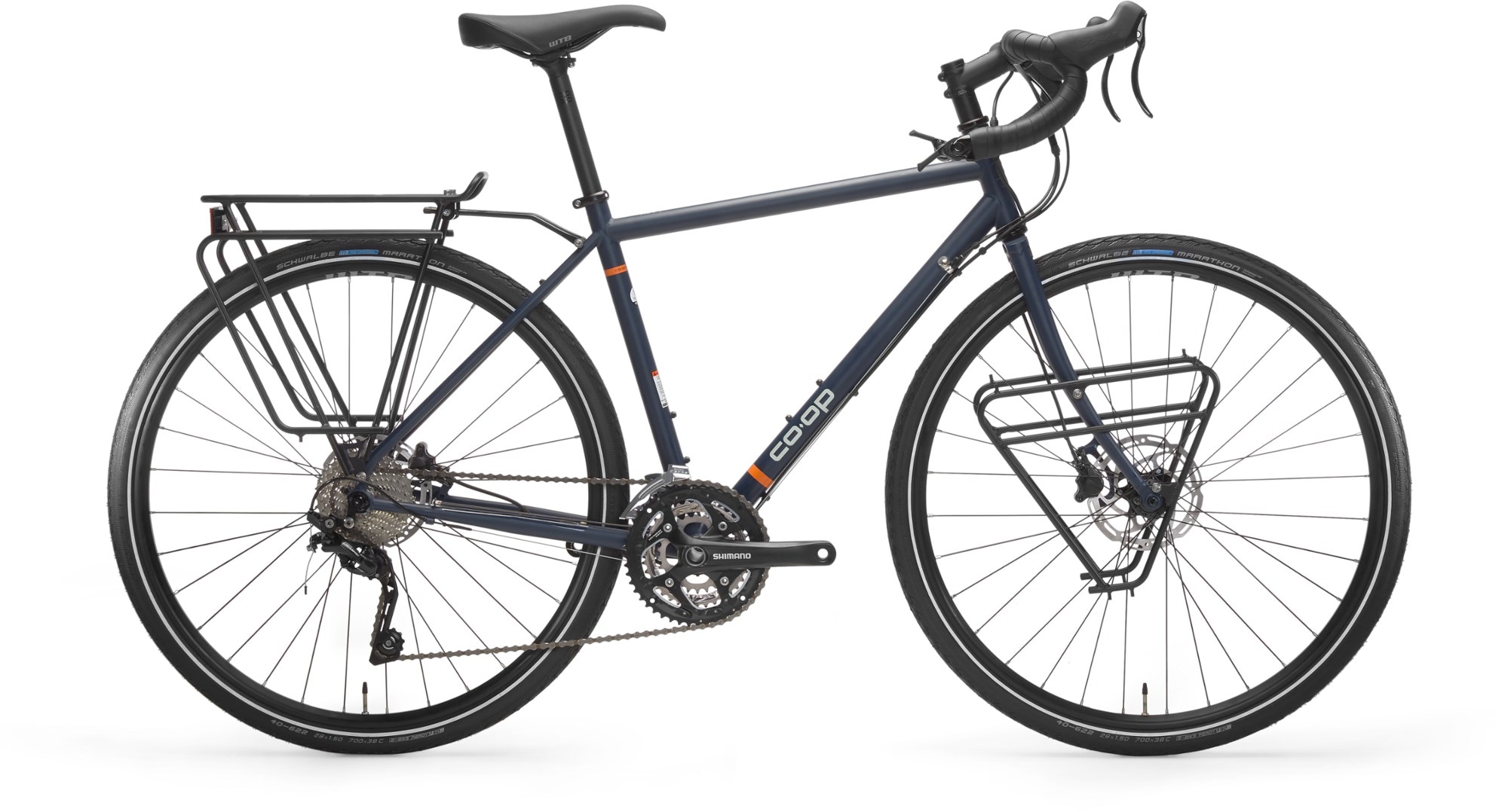 touring bicycle with drop bars and front and rear racks