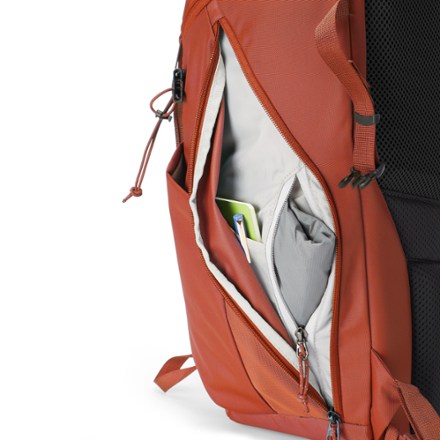 REI Co-op Ruckpack 30 Pack Side pocket with hidden zippered security pocket