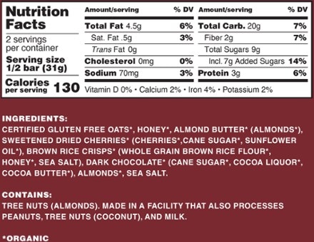 Kate's Real Food Dark Chocolate Cherry & Almond Bar 1