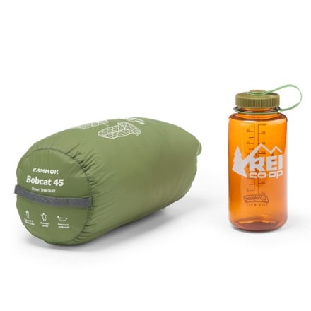 Kammok Bobcat 45F Down Backpacking Quilt Folded view; water bottle not included