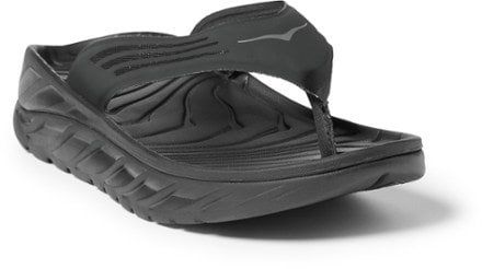 HOKA ORA Recovery Flip-Flops - Men's 3/4 front view (Black/Dark Gull Gray)