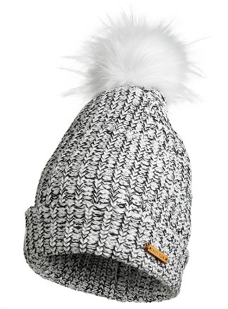 black hat with white pom pom